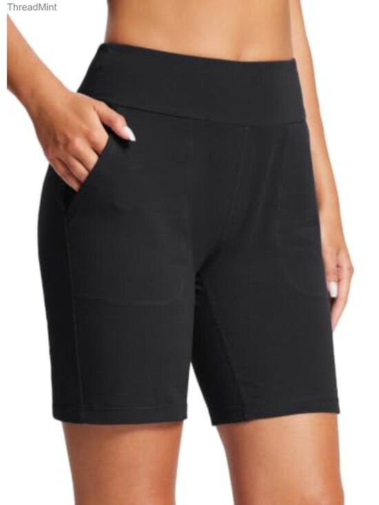 Pants - Women's 8" Bermuda Shorts High Waist Cotton Spandex Athletic Running Yoga Phone